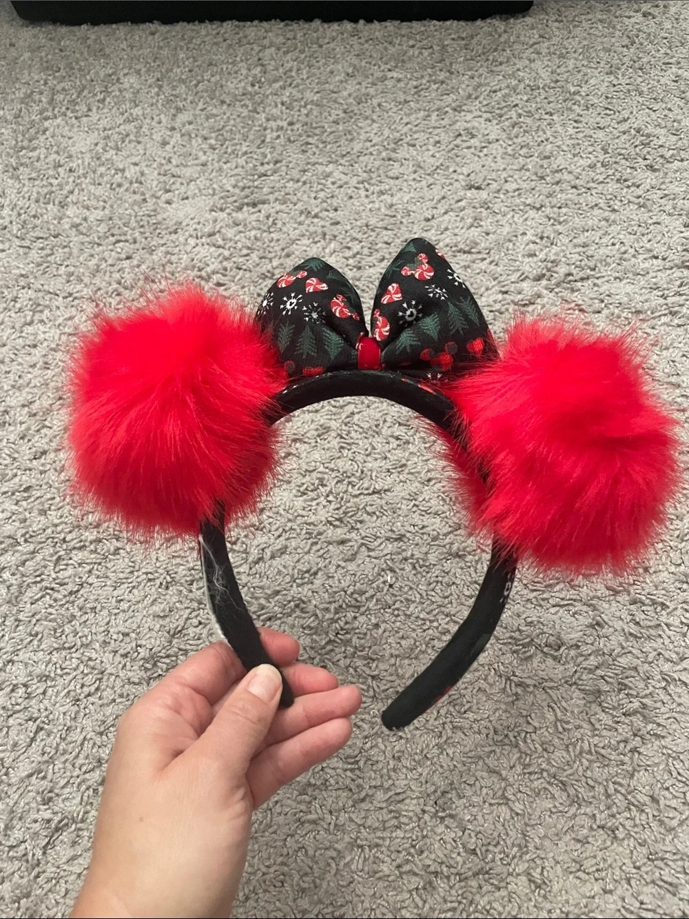 Disney Christmas Red Pom Pom Minnie Ear with Black Holiday Bow